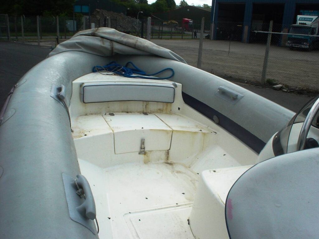 The Ribtec RIB cockpit before treatment was stained with green, yellow and brown patches. A quick application of Grunt! soon sorted it all out.